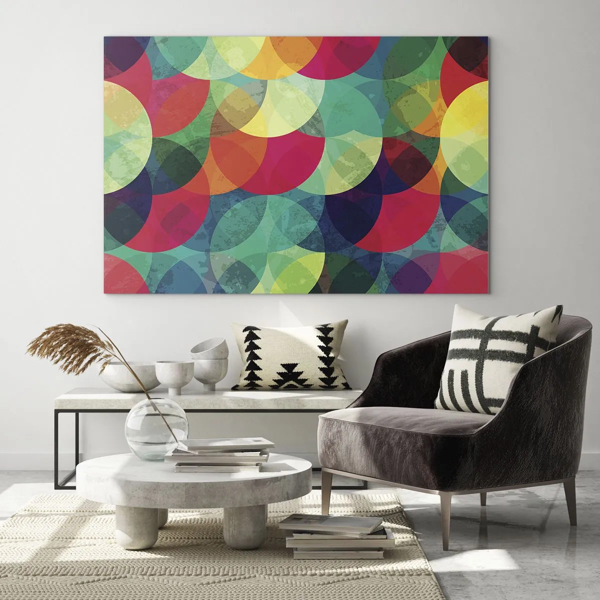 Glasbild - Bild auf glas - Bunte, überlappende Halbkreise in einer intensiven Farbpalette - 70x50cm - Aufstieg zum Regenbogen - Moderne Wanddekoration für Wohnzimmer und Schlafzimmer ARTTOR