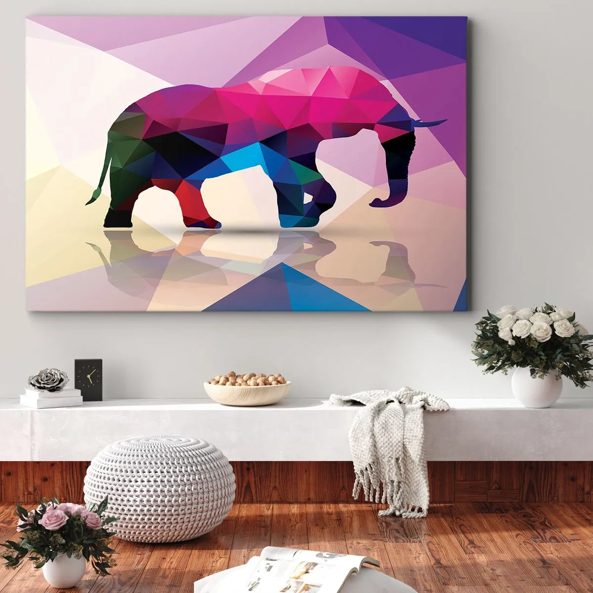 Bild auf Leinwand - Leinwandbild - Geometrische Silhouette eines Elefanten in lebendigen Farben - 120x80cm - Kristalldinosaurier - Moderne Wanddekoration für Wohnzimmer und Schlafzimmer ARTTOR