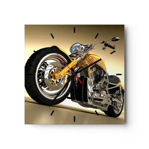 Wanduhr - Glasuhr - Ein gelbes Motorrad im Chopper-Stil vor einer beigen Wand - 30x30cm - Ein Traum von Kraft und Geschwindigkeit - Moderne Wanddekoration für Wohnzimmer und Schlafzimmer ARTTOR
