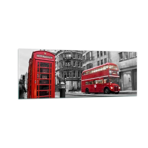 Glasbild - Bild auf glas - Eine rote Telefonzelle und ein Doppeldeckerbus in London mit der Stadt im Hintergrund - 140x50cm - Das Rotste in Europa - Moderne Wanddekoration für Wohnzimmer und Schlafzimmer ARTTOR