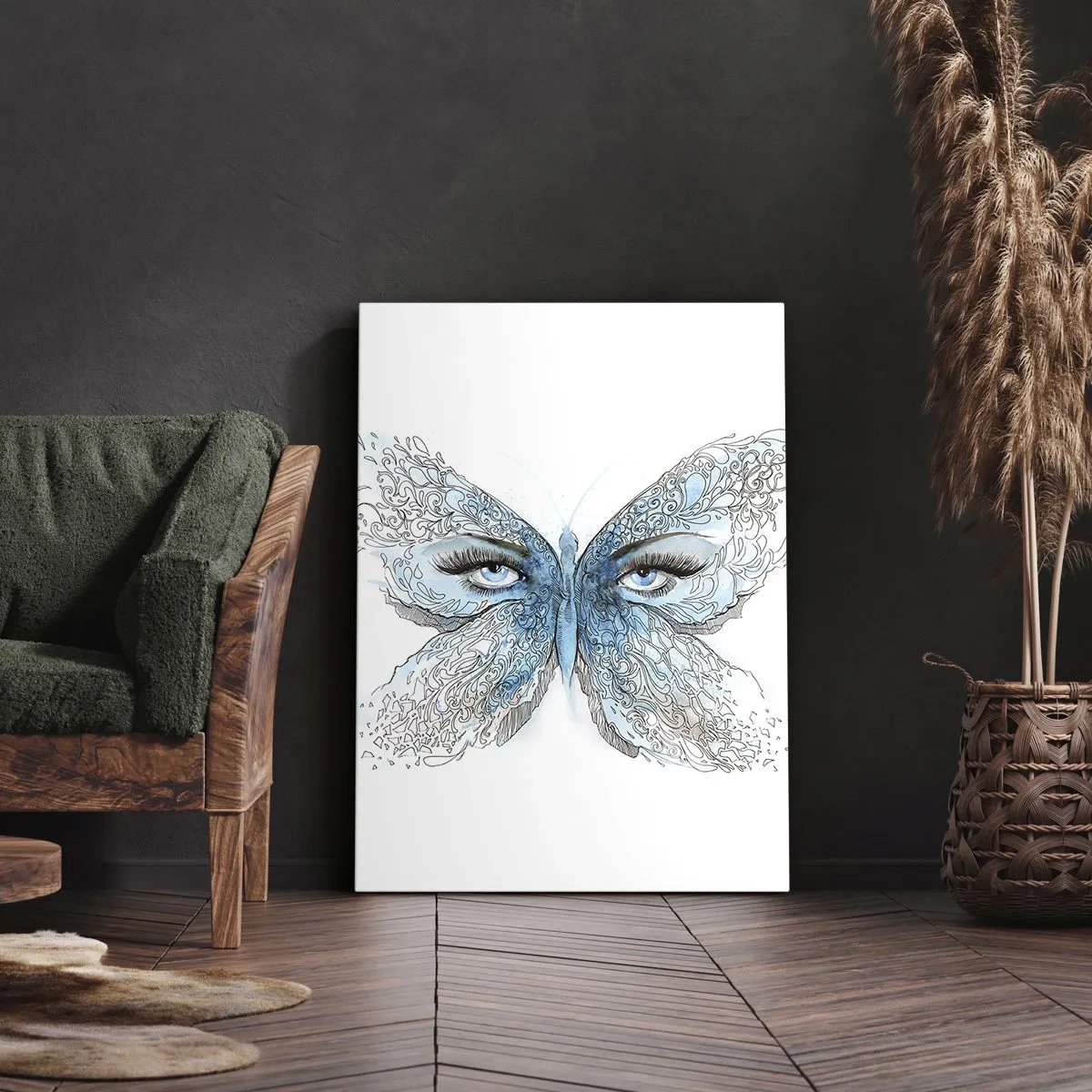 Bild auf Leinwand - Leinwandbild - Künstlerisches Aquarell eines Schmetterlings mit blauen Augen - 70x100cm - Eros Blaumeise - Moderne Wanddekoration für Wohnzimmer und Schlafzimmer ARTTOR