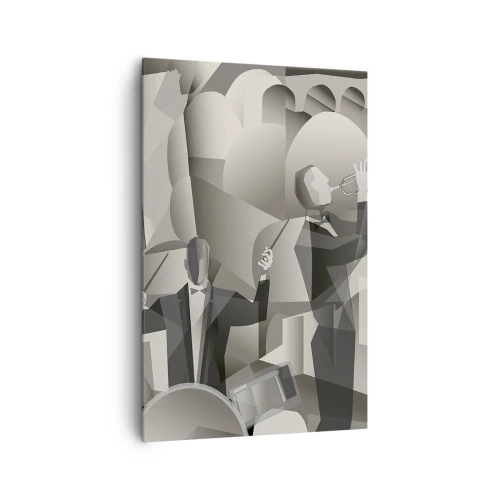 Bild auf Leinwand - Leinwandbild - Abstrakte Szene mit Jazzmusikern in Grautönen. - 80x120cm - Im Raum der Klänge - Moderne Wanddekoration für Wohnzimmer und Schlafzimmer ARTTOR