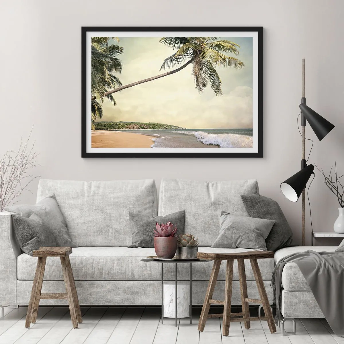 Poster in einem schwarzem Rahmen - Ein Strand mit Palmen vor der Kulisse eines ruhigen Meeres - 100x70cm - Tropischer Traum - Moderne Wanddekoration für Wohnzimmer und Schlafzimmer ARTTOR