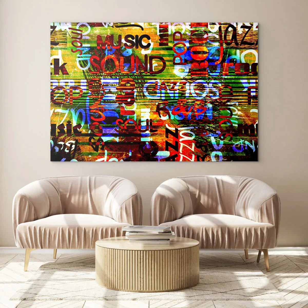 Glasbild - Bild auf glas - Bunte Inschriften auf einem künstlerischen Mosaikhintergrund - 100x70cm - Alle Farben des Klangs - Moderne Wanddekoration für Wohnzimmer und Schlafzimmer ARTTOR