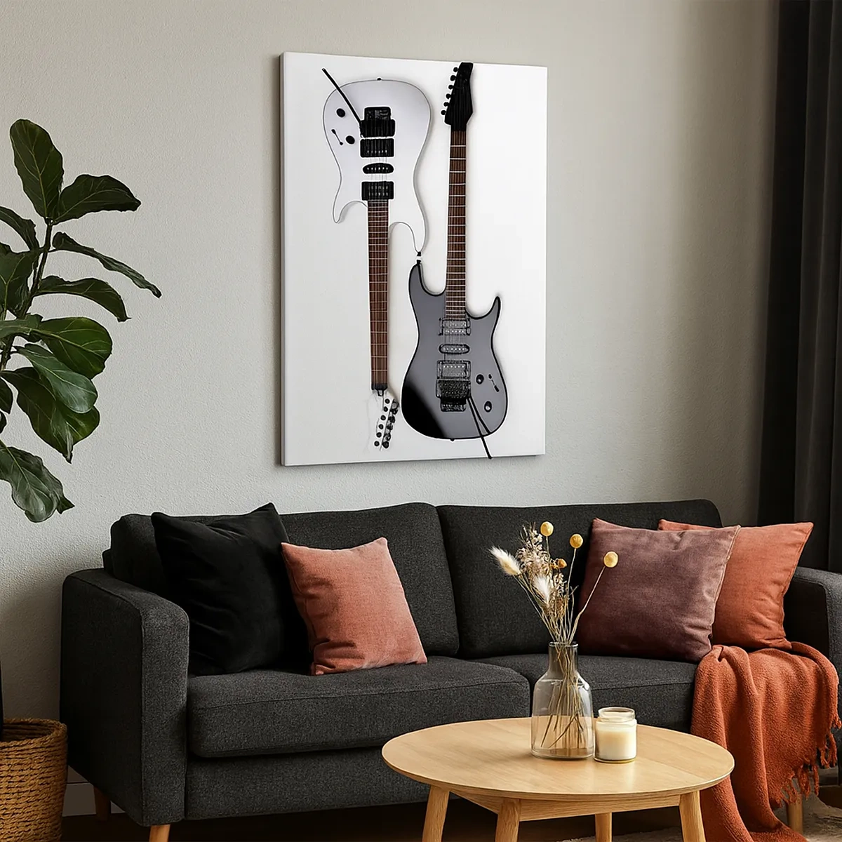 Bild auf Leinwand - Leinwandbild - Zwei E-Gitarren in Schwarz und Weiß auf hellem Hintergrund. - 50x70cm - Harmonie der Formen - Moderne Wanddekoration für Wohnzimmer und Schlafzimmer ARTTOR