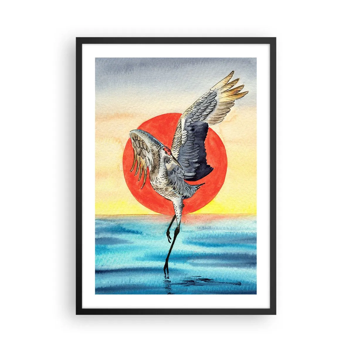 Poster in einem schwarzem Rahmen - Ein Kran schwebt über dem Wasser vor einer roten Sonne - 50x70cm - Es ist Zeit zurückzugehen - Moderne Wanddekoration für Wohnzimmer und Schlafzimmer ARTTOR