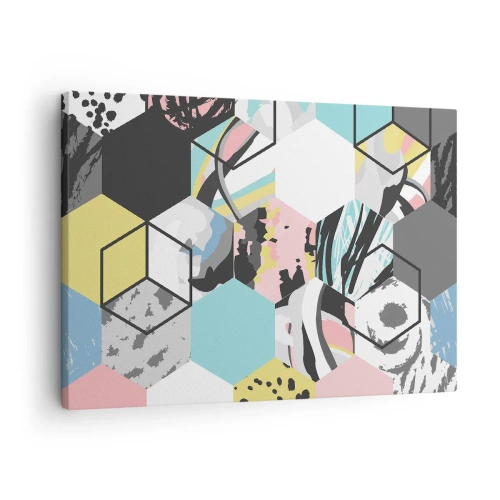 Bild auf Leinwand - Leinwandbild - Geometrisches Sechseckmuster mit farbenfrohen abstrakten Details - 70x50cm - Sechsecke und Würfel in sechs Farben - Moderne Wanddekoration für Wohnzimmer und Schlafzimmer ARTTOR