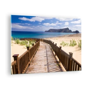 Glasbild - Bild auf glas - Holzweg am Strand, der zum Meer führt - 70x50cm - Bring mich zu den glücklichen Inseln - Moderne Wanddekoration für Wohnzimmer und Schlafzimmer ARTTOR