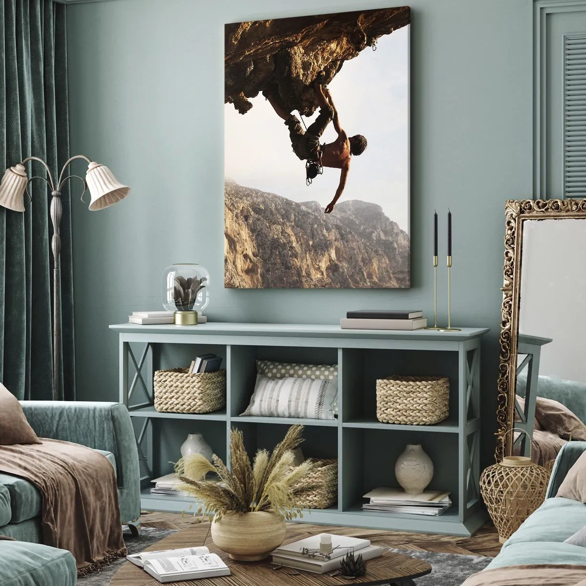 Bild auf Leinwand - Leinwandbild - Ein Kletterer auf einer steilen Klippe in den Bergen im Sonnenschein - 80x120cm - Die Welt ist in einer Hand auf einem Felsblock geschrumpft - Moderne Wanddekoration für Wohnzimmer und Schlafzimmer ARTTOR