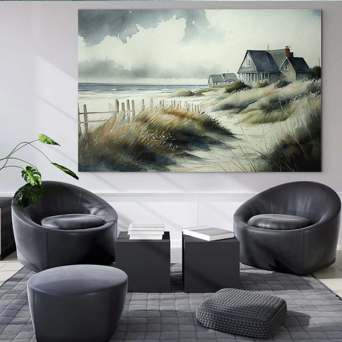 Glasbild - Bild auf glas - Dünenhäuser am Strand unter bewölktem Himmel - 70x50cm - Abseits vom Trubel - Moderne Wanddekoration für Wohnzimmer und Schlafzimmer ARTTOR