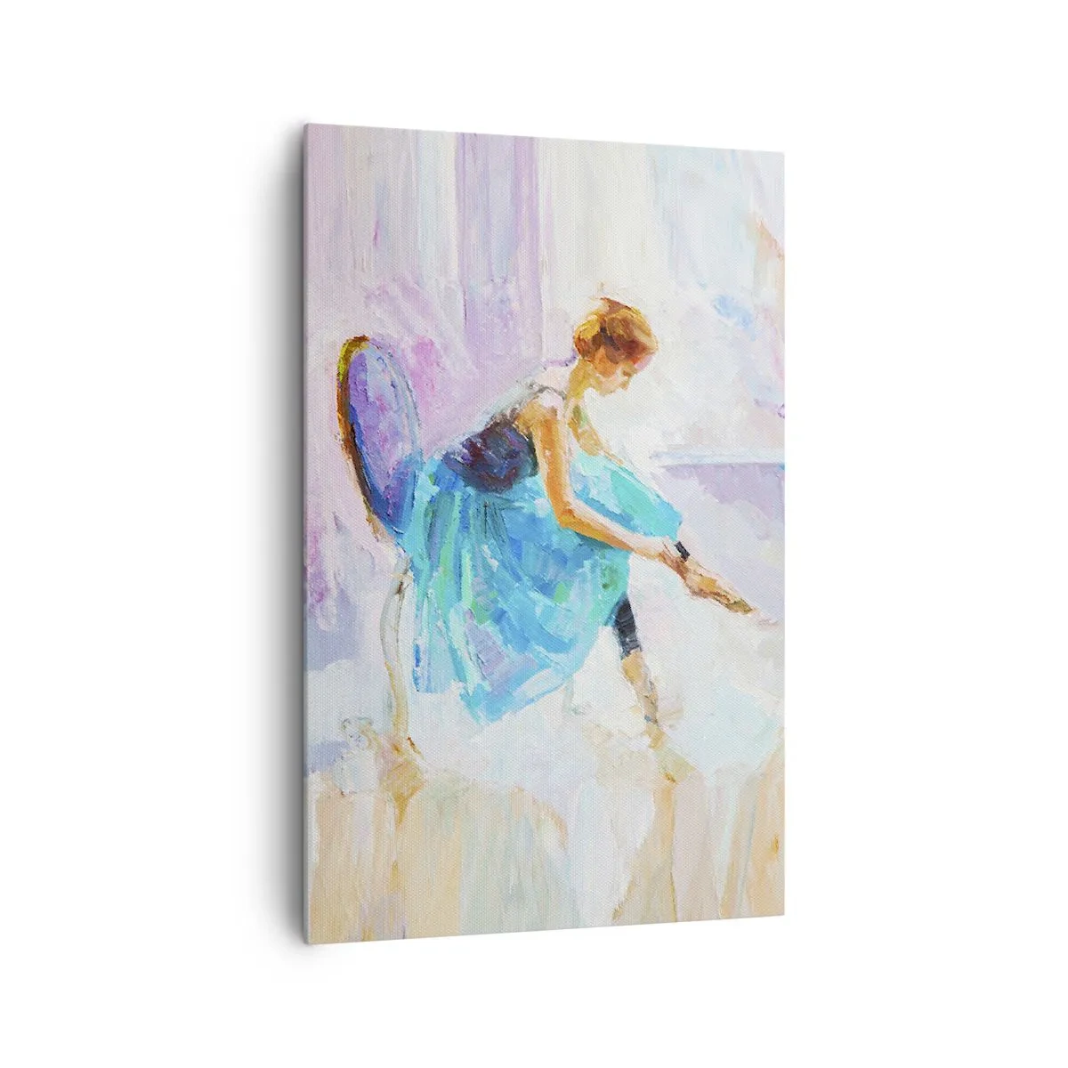 Bild auf Leinwand - Leinwandbild - Eine Ballerina in Pastelltönen bereitet sich auf den Tanz vor. - 80x120cm - Unbeschreibliche Anmut, subtiler Charme - Moderne Wanddekoration für Wohnzimmer und Schlafzimmer ARTTOR
