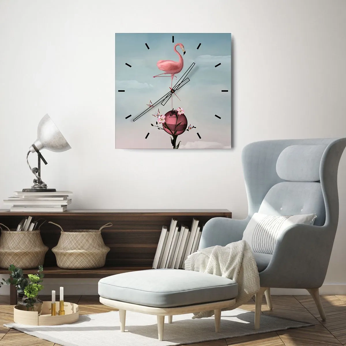 Wanduhr - Glasuhr - Ein rosa Flamingo balanciert auf einem Blumenball - 30x30cm - Basketball-Allegorie - Moderne Wanddekoration für Wohnzimmer und Schlafzimmer ARTTOR