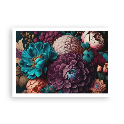 Poster - Ein Blumenstrauß in intensiven Farben auf dunklem Hintergrund - 100x70cm - Natur in Hülle und Fülle - Moderne Wanddekoration für Wohnzimmer und Schlafzimmer ARTTOR