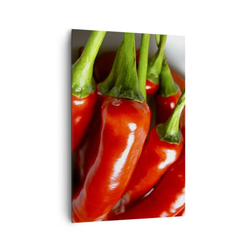 Bild auf Leinwand - Leinwandbild - Nahaufnahme von roten Chilischoten mit grünen Stielen - 80x120cm - Saftig, glänzend, glatt - Moderne Wanddekoration für Wohnzimmer und Schlafzimmer ARTTOR