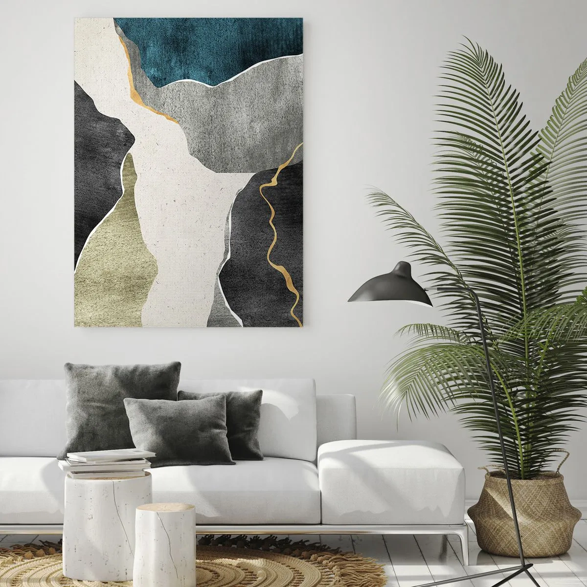 Glasbild - Bild auf glas - Geometrische Formen in Grau-, Grün- und Goldtönen - 70x100cm - Mosaikkomposition mit Goldfaden - Moderne Wanddekoration für Wohnzimmer und Schlafzimmer ARTTOR