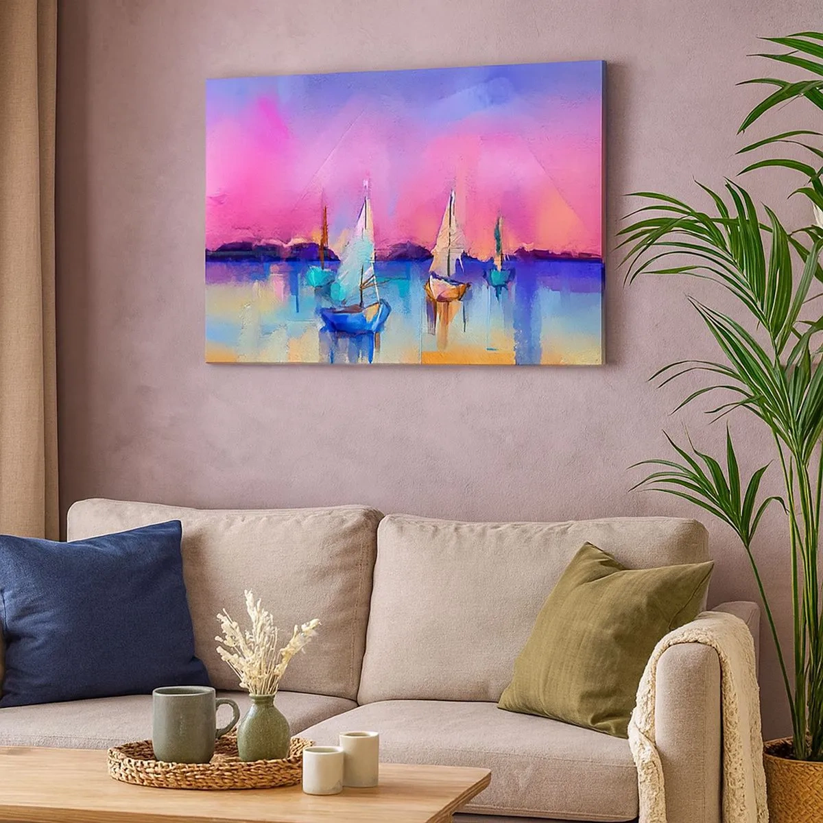 Bild auf Leinwand - Leinwandbild - Segelboote auf ruhigem Meer in den Pastellfarben des Sonnenuntergangs - 70x50cm - Richtung: breites Wasser - Moderne Wanddekoration für Wohnzimmer und Schlafzimmer ARTTOR