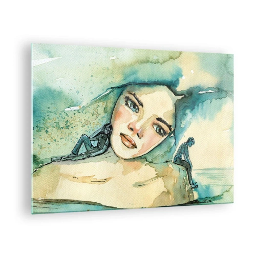 Glasbild - Bild auf glas - Porträt einer Frau im Aquarellstil mit Silhouetten von Figuren - 70x50cm - Bin ich blau? - Moderne Wanddekoration für Wohnzimmer und Schlafzimmer ARTTOR