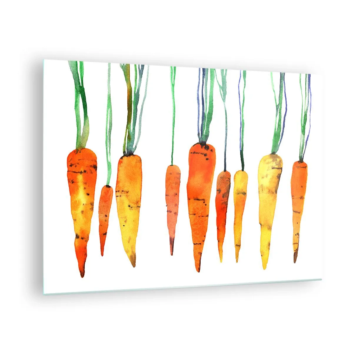 Glasbild - Bild auf glas - Aquarell-Karotten in verschiedenen Orangetönen mit grünen Stielen - 70x50cm - Die Schönheit des Gewöhnlichen - Moderne Wanddekoration für Wohnzimmer und Schlafzimmer ARTTOR