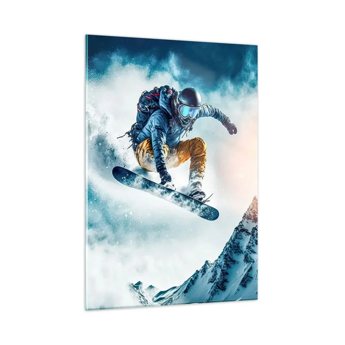Glasbild - Bild auf glas - Ein Snowboarder fliegt über schneebedeckte Berge - 50x70cm - Extreme Emotionen - Moderne Wanddekoration für Wohnzimmer und Schlafzimmer ARTTOR