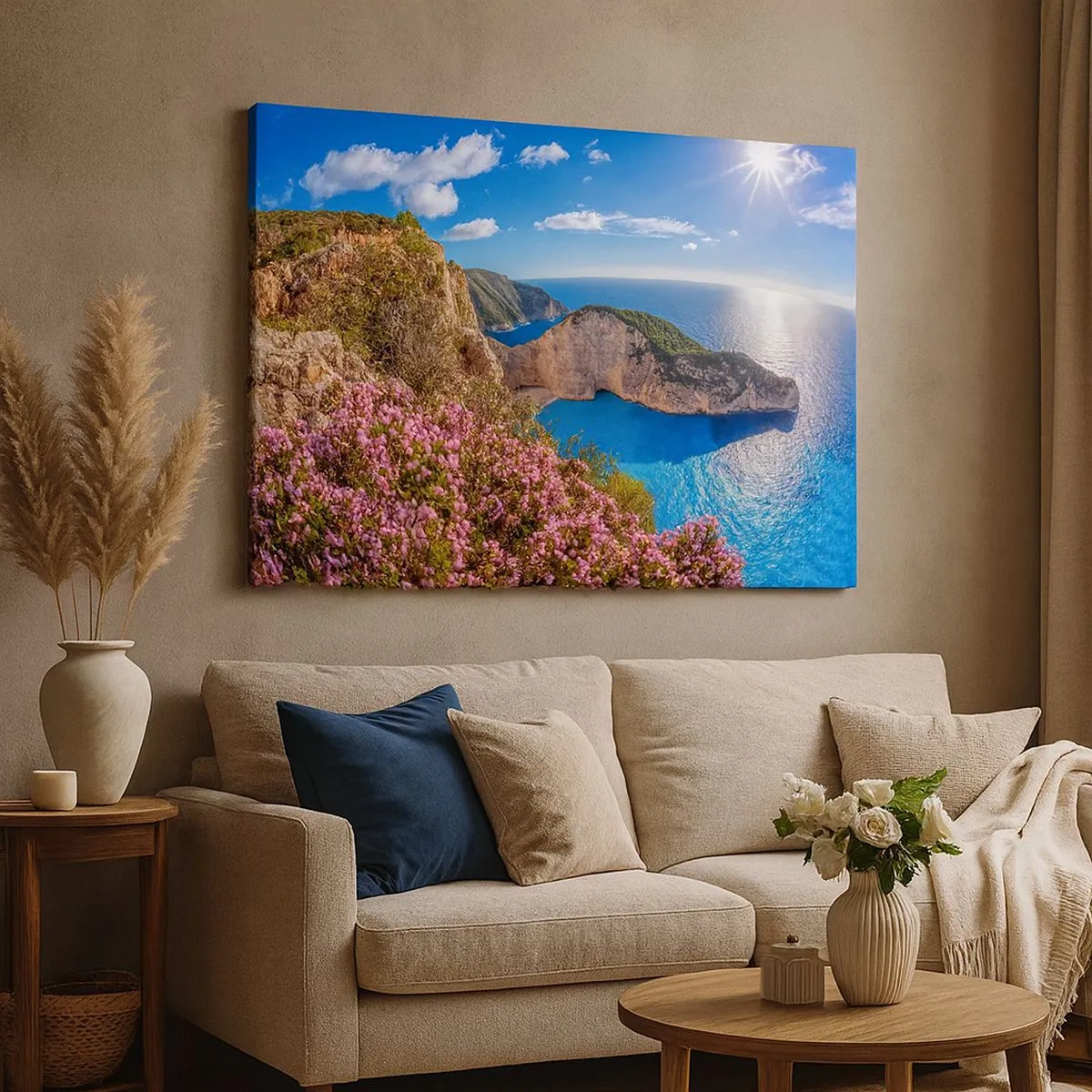 Bild auf Leinwand - Leinwandbild - Eine Klippe mit Blumen, ein türkisfarbenes Meer und eine sonnige griechische Landschaft - 70x50cm - Mein toller Griechenlandurlaub - Moderne Wanddekoration für Wohnzimmer und Schlafzimmer ARTTOR