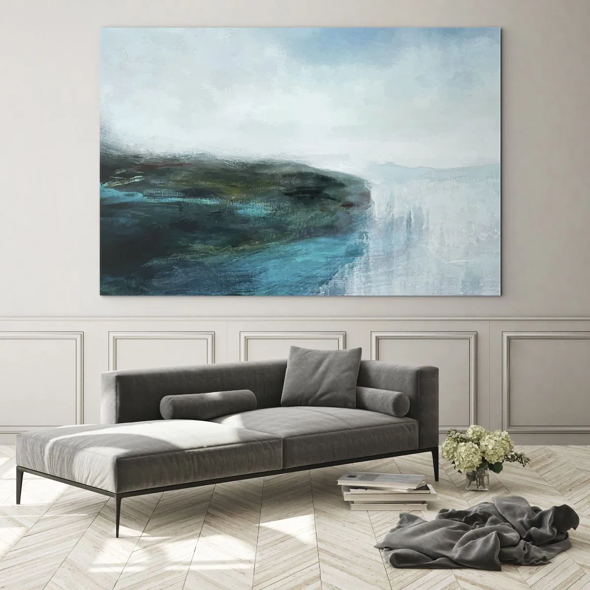 Glasbild - Bild auf glas - Abstrakte Wasserlandschaft mit dominanten blauen und weißen Farben - 70x50cm - Nautische Abstraktion - Moderne Wanddekoration für Wohnzimmer und Schlafzimmer ARTTOR