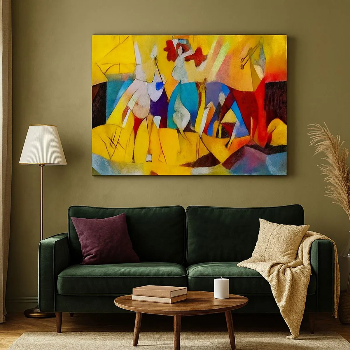 Bild auf Leinwand - Leinwandbild - Eine farbenfrohe Abstraktion, die Figuren in geometrischer Form darstellt - 70x50cm - Sonne - Leben - Freude - Moderne Wanddekoration für Wohnzimmer und Schlafzimmer ARTTOR