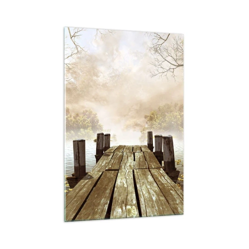 Glasbild - Bild auf glas - Ein Holzsteg, der im Morgennebel auf einen ruhigen See führt - 70x100cm - Die milde Traurigkeit des Herbstes - Moderne Wanddekoration für Wohnzimmer und Schlafzimmer ARTTOR