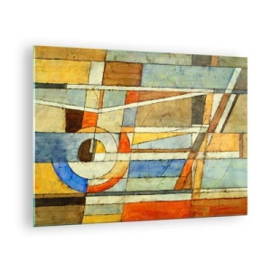 Glasbild - Bild auf glas - Eine abstrakte Komposition mit geometrischen Mustern und warmen Farben. - 70x50cm - Kubismus auf der Baustelle - Moderne Wanddekoration für Wohnzimmer und Schlafzimmer ARTTOR