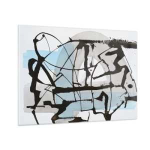 Glasbild - Bild auf glas - Abstrakte Komposition mit schwarzer Skizze und blauen Flecken - 70x50cm - Trotzdem blau - Moderne Wanddekoration für Wohnzimmer und Schlafzimmer ARTTOR