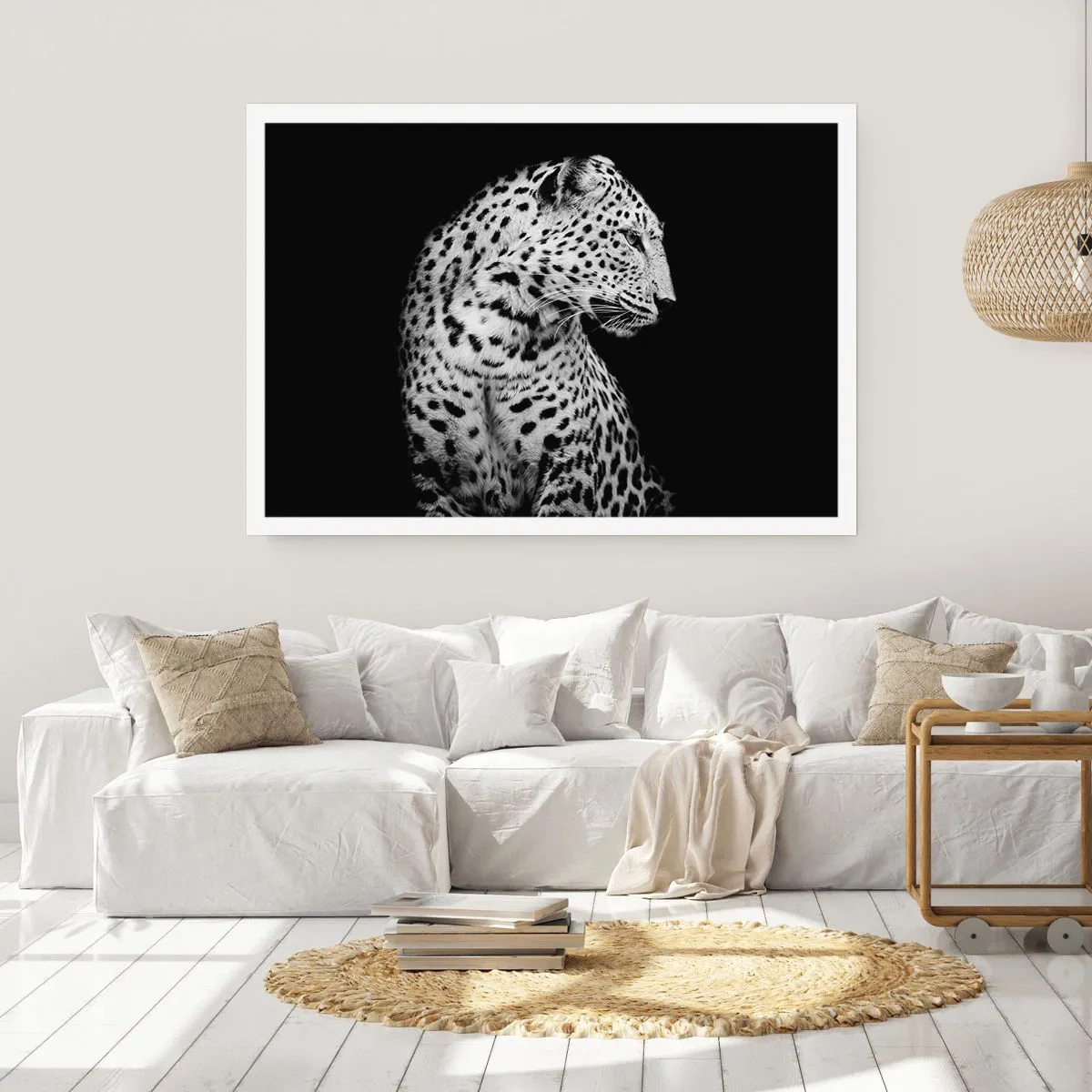 Poster - Schwarz-Weiß-Bild eines Leoparden auf schwarzem Hintergrund - 100x70cm - Rechtes Profil perfekt! - Moderne Wanddekoration für Wohnzimmer und Schlafzimmer ARTTOR