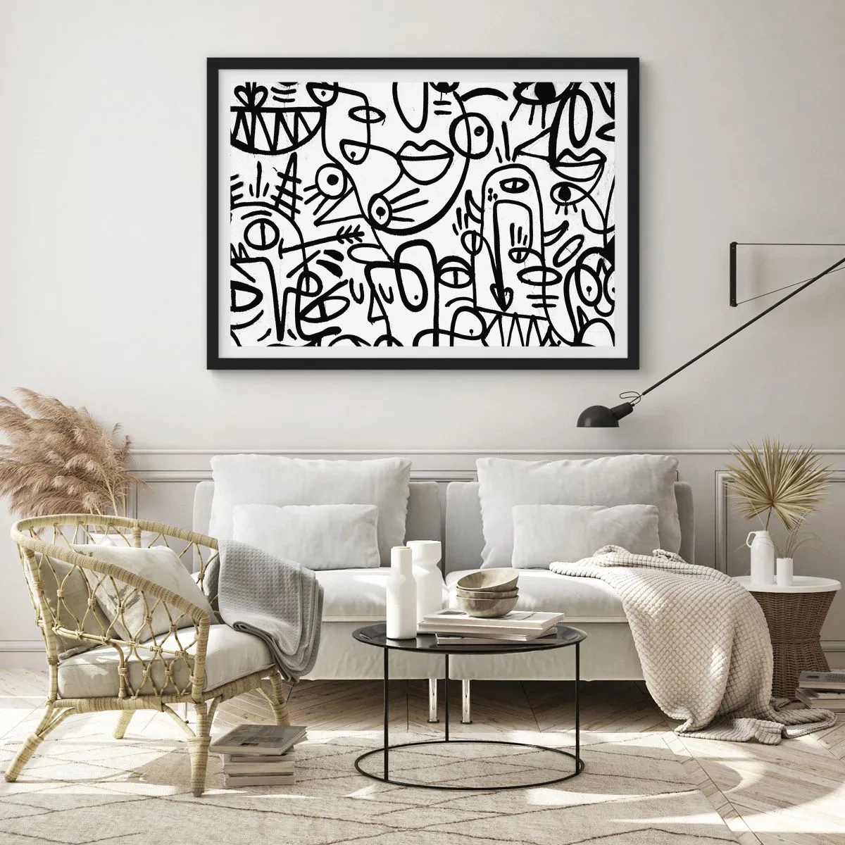 Poster in einem schwarzem Rahmen - Schwarz-weiße abstrakte Zeichnungen mit Gesichtsmotiven - 70x50cm - Gesichter und Luftspiegelungen - Moderne Wanddekoration für Wohnzimmer und Schlafzimmer ARTTOR