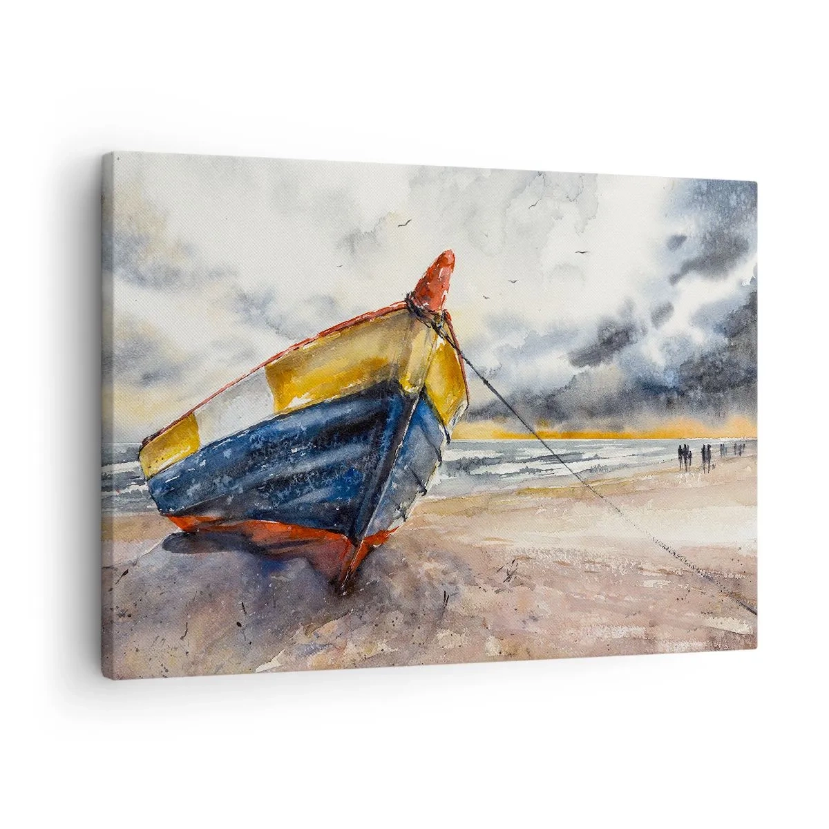 Bild auf Leinwand - Leinwandbild - Ein malerisches Boot am Strand unter einem bewölkten Himmel - 70x50cm - Erholung am Ufer - Moderne Wanddekoration für Wohnzimmer und Schlafzimmer ARTTOR