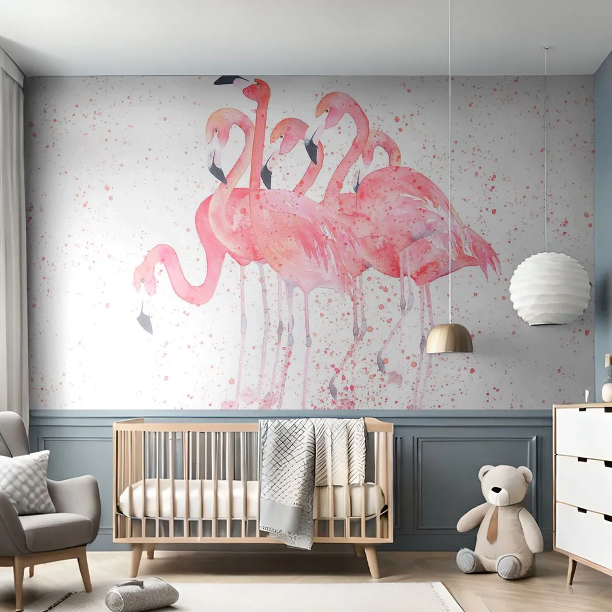 Fototapete Premium Sand - Aquarell Flamingos auf weißem Hintergrund in zarten Pastellfarben - 100x70cm - Rosa Ensemble - Moderne Wanddekoration für Wohnzimmer und Schlafzimmer ARTTOR