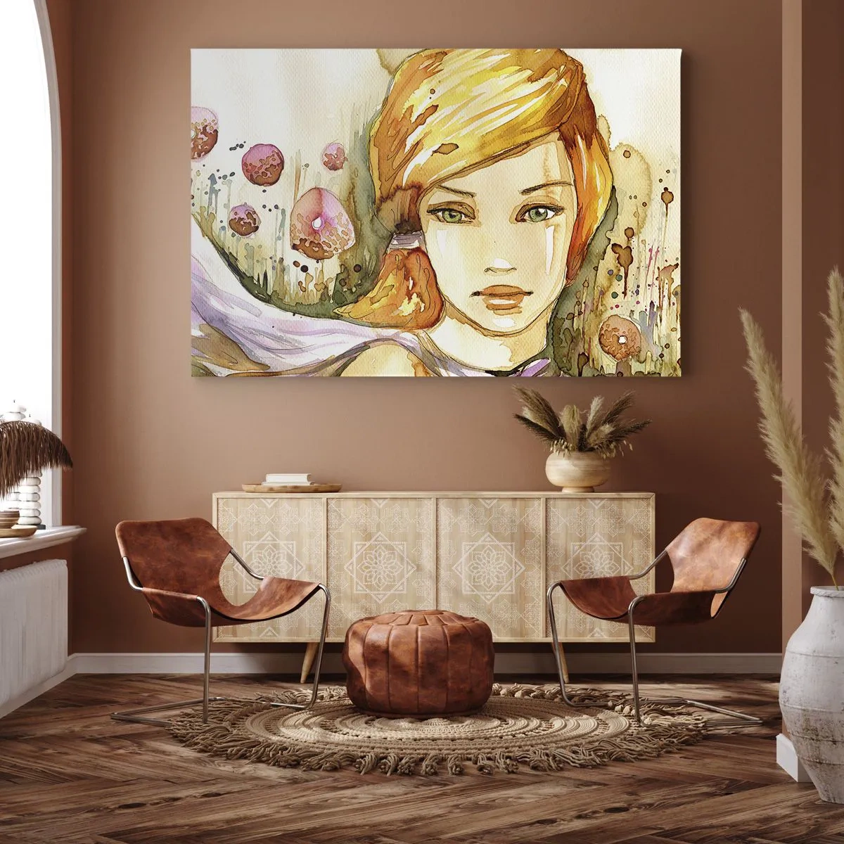 Bild auf Leinwand - Leinwandbild - Porträt einer Frau in Aquarellfarben mit intensivem Blick - 100x70cm - Ein smaragdgrüner Look, der die Wut beruhigt - Moderne Wanddekoration für Wohnzimmer und Schlafzimmer ARTTOR