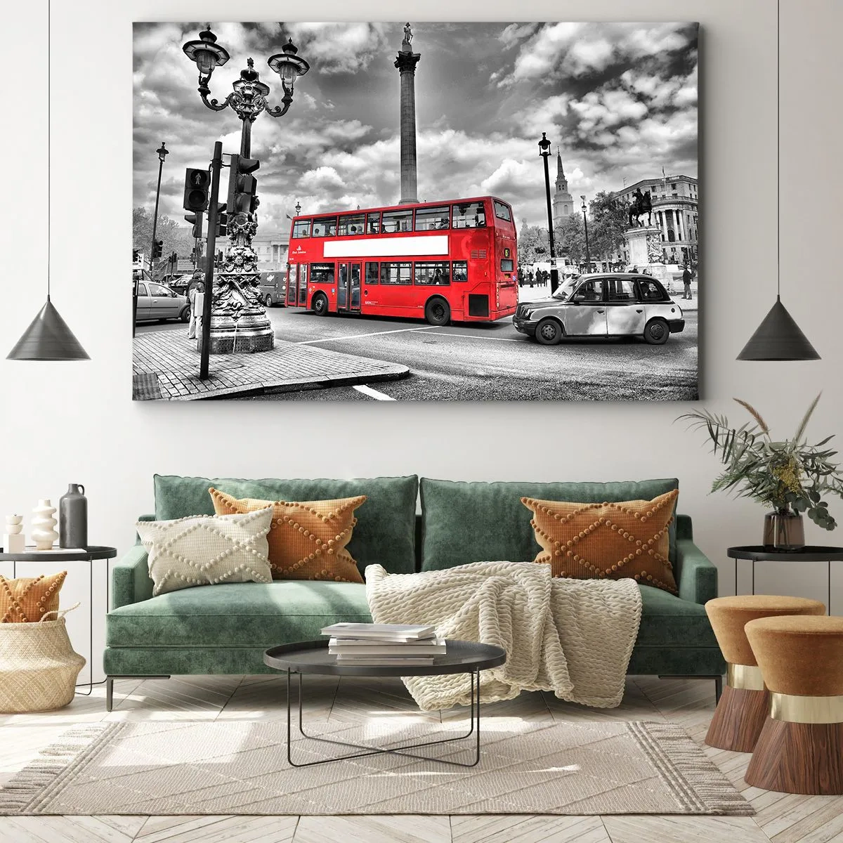 Bild auf Leinwand - Leinwandbild - Ein roter Doppeldeckerbus vor einer schwarz-weißen Stadtkulisse - 70x50cm - Der wahre Blutkreislauf der Stadt - Moderne Wanddekoration für Wohnzimmer und Schlafzimmer ARTTOR