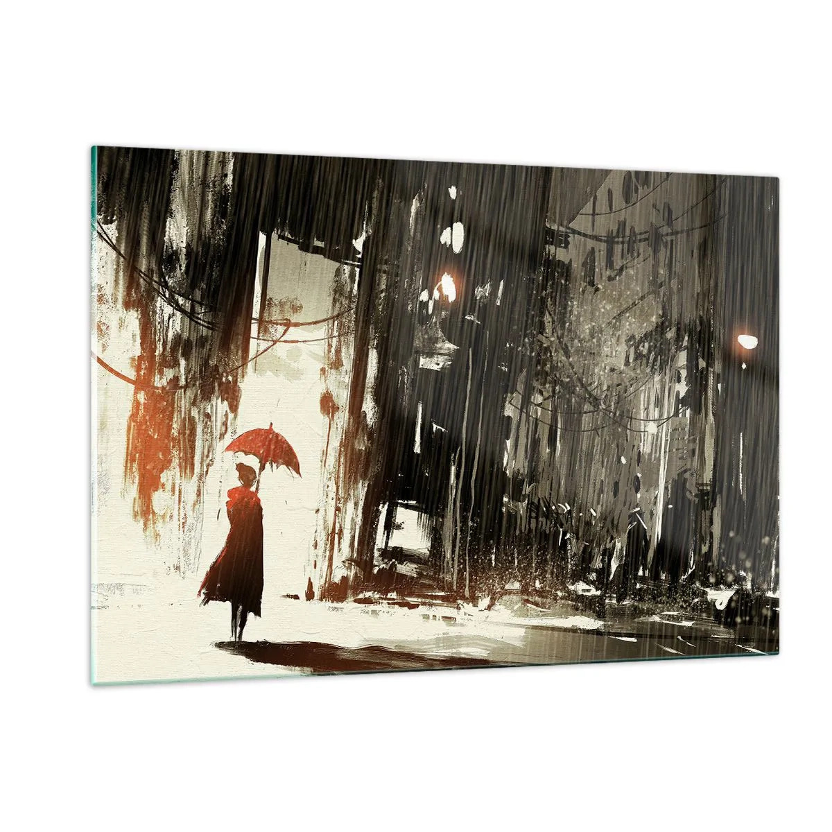 Glasbild - Bild auf glas - Eine Person mit einem roten Regenschirm im Regen vor einem dunklen Stadthintergrund. - 120x80cm - Die Poesie des roten Regenschirms - Moderne Wanddekoration für Wohnzimmer und Schlafzimmer ARTTOR
