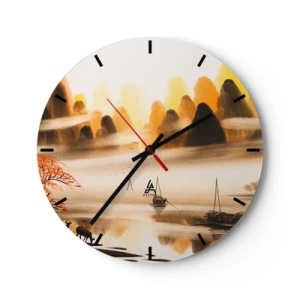 Wanduhr - Glasuhr - Landschaft mit Bergen und Booten im Nebel im orientalischen Stil - 30x30cm - Weiter als im Fernosten - Moderne Wanddekoration für Wohnzimmer, Küche und Schlafzimmer ARTTOR