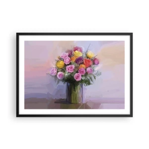 Poster in einem schwarzem Rahmen - Ein Strauß bunter Rosen in einer Glasvase - 70x50cm - Festgehaltene Schönheit - Moderne Wanddekoration für Wohnzimmer und Schlafzimmer ARTTOR