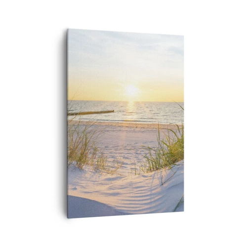 Bild auf Leinwand - Leinwandbild - Ein Sandstrand mit Blick auf den Sonnenuntergang über dem Meer - 70x100cm - Das Rauschen des Meeres, der Gesang der Vögel, ein wilder Strand im Gras ... - Moderne Wanddekoration für Wohnzimmer und Schlafzimmer ARTTOR