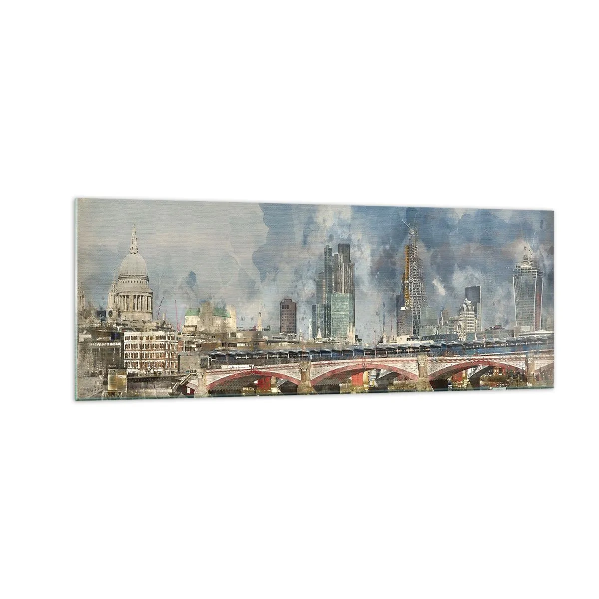 Glasbild - Bild auf glas - Aquarellansicht der Brücke und der Skyline der Stadt - 140x50cm - London in seiner ganzen Pracht - Moderne Wanddekoration für Wohnzimmer und Schlafzimmer ARTTOR