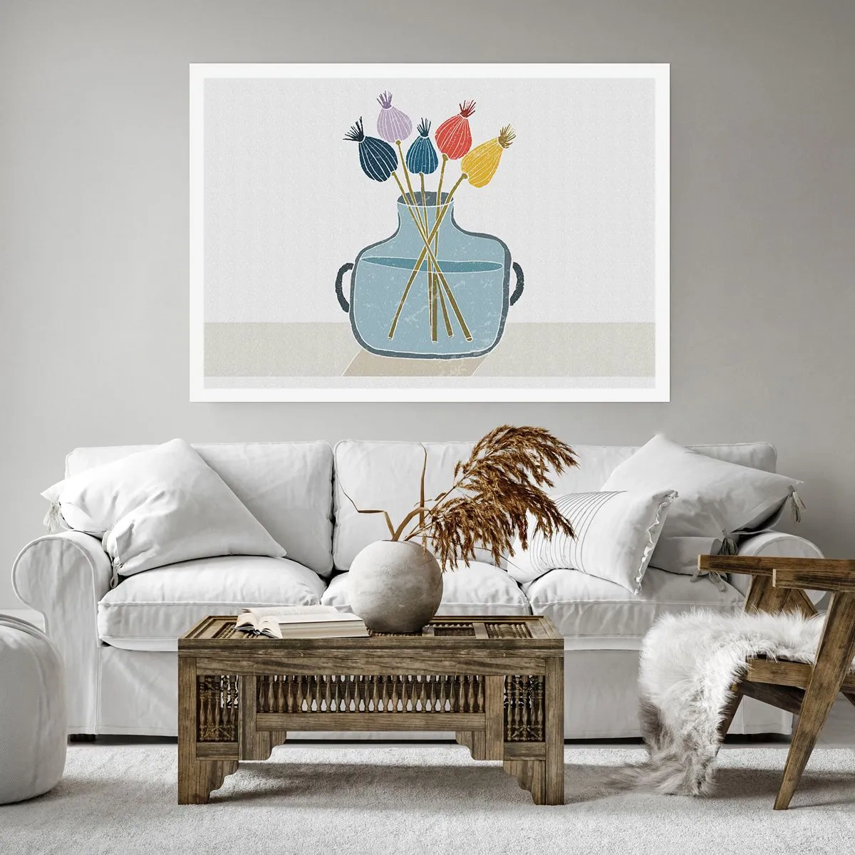 Poster - Bunte Trockenblumen in einer Vase auf weißem Hintergrund - 100x70cm - Es ist mucksmäuschenstill - Moderne Wanddekoration für Wohnzimmer und Schlafzimmer ARTTOR