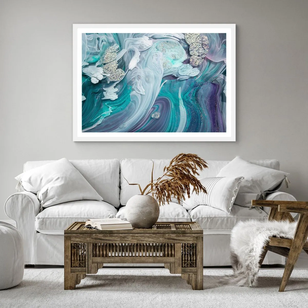 Poster in einem weißen Rahmen - Strömungen von Himmelblau - 60x60 cm