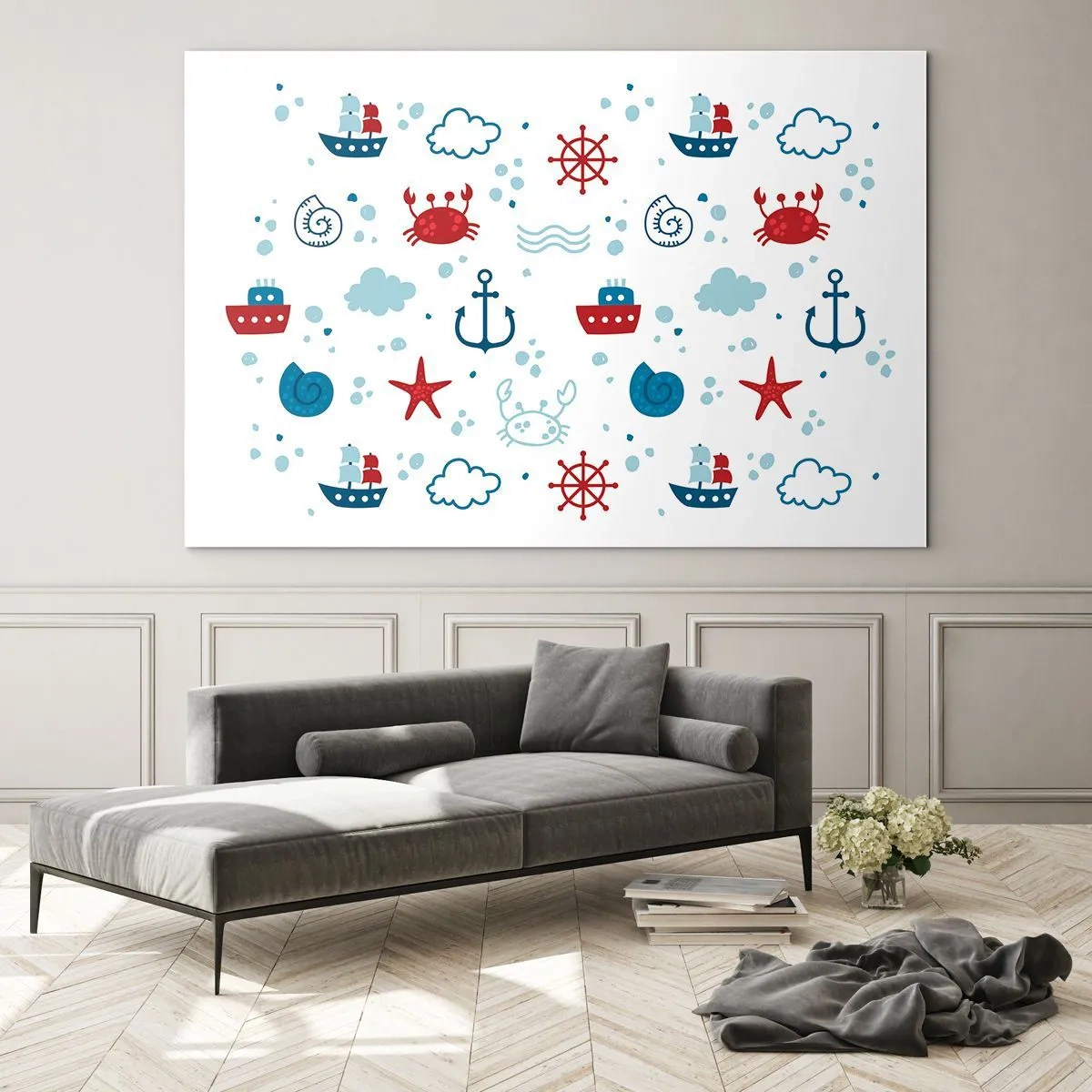 Glasbild - Bild auf glas - Nautische Muster mit Krabben, Ankern und Schiffen - 120x80cm - Märchen vom Meer - Moderne Wanddekoration für Wohnzimmer und Schlafzimmer ARTTOR