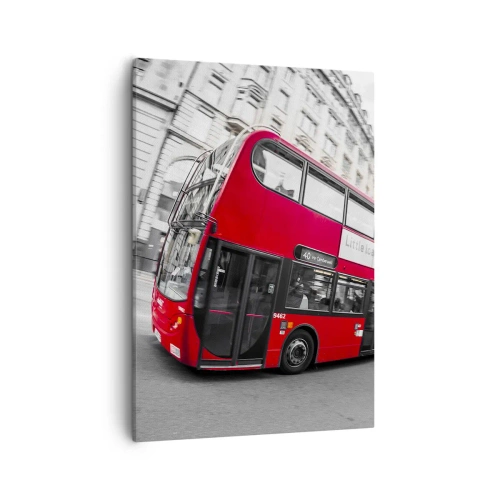 Bild auf Leinwand - Leinwandbild - Ein roter Londoner Bus vor einer schwarz-weißen Straße - 50x70cm - London traditionell - mit dem Bus - Moderne Wanddekoration für Wohnzimmer und Schlafzimmer ARTTOR