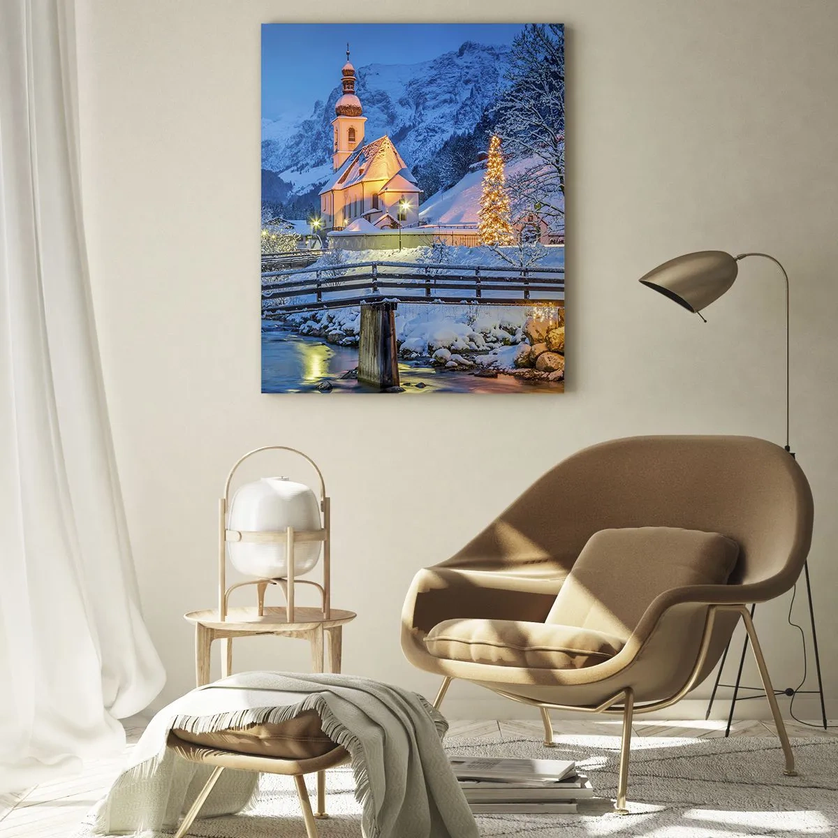 Glasbild - Bild auf glas - Winterlandschaft mit Kirche, Brücke und Bergen in der Abenddämmerung - 80x120cm - Weihnachtsgeist - Moderne Wanddekoration für Wohnzimmer und Schlafzimmer ARTTOR