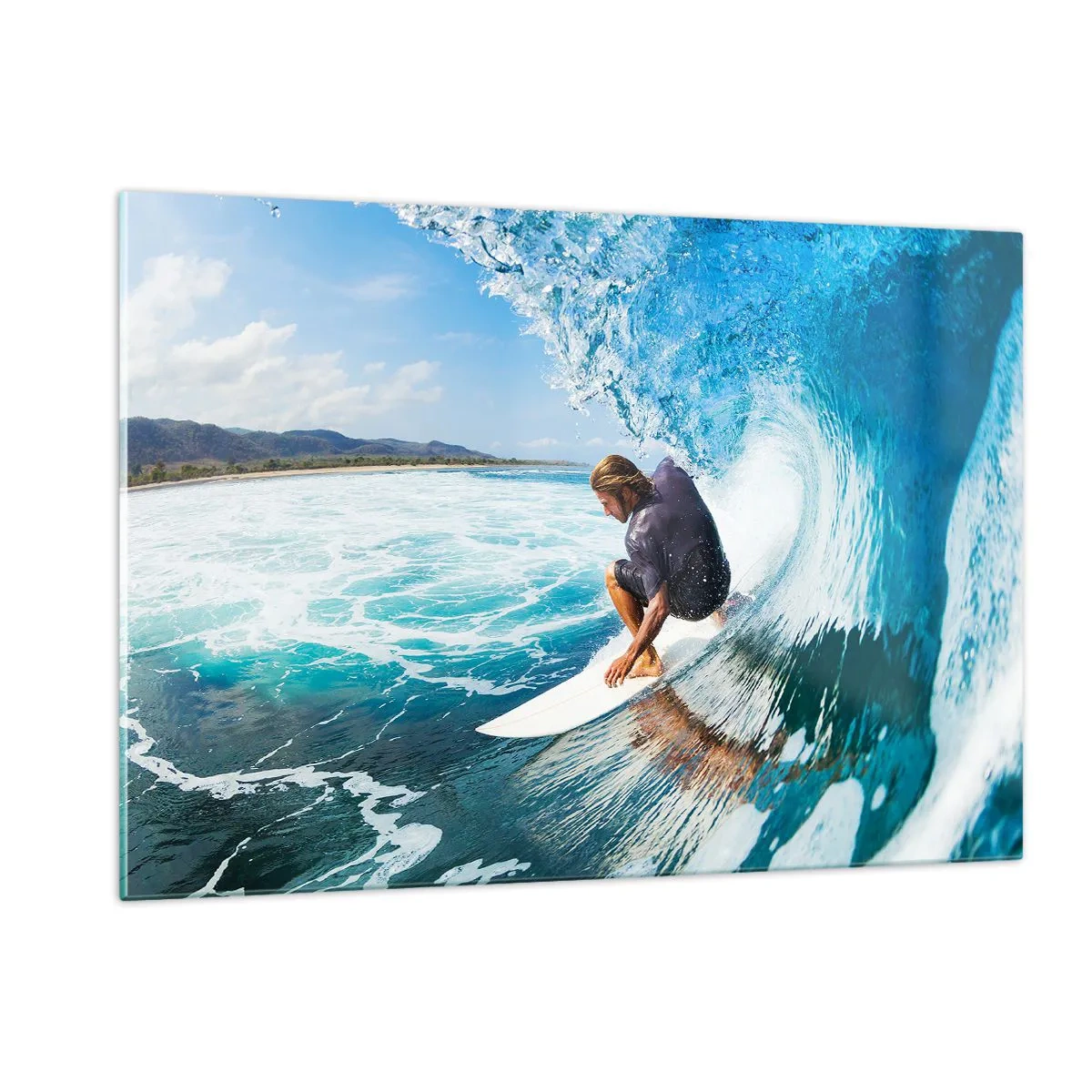 Glasbild - Bild auf glas - Surfer in einem Wassertunnel mit dem Ozean im Hintergrund - 120x80cm - Tanzen mit den Wellen - Moderne Wanddekoration für Wohnzimmer und Schlafzimmer ARTTOR