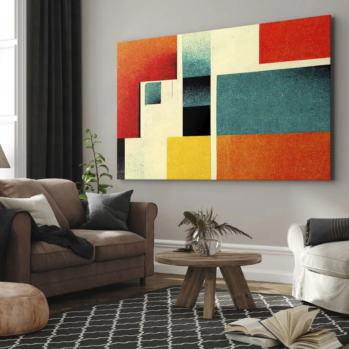 Bild auf Leinwand - Leinwandbild - Geometrische Abstraktion mit farbigen Rechtecken und Quadraten - 100x70cm - Geometrische Abstraktion – gute Energie - Moderne Wanddekoration für Wohnzimmer und Schlafzimmer ARTTOR