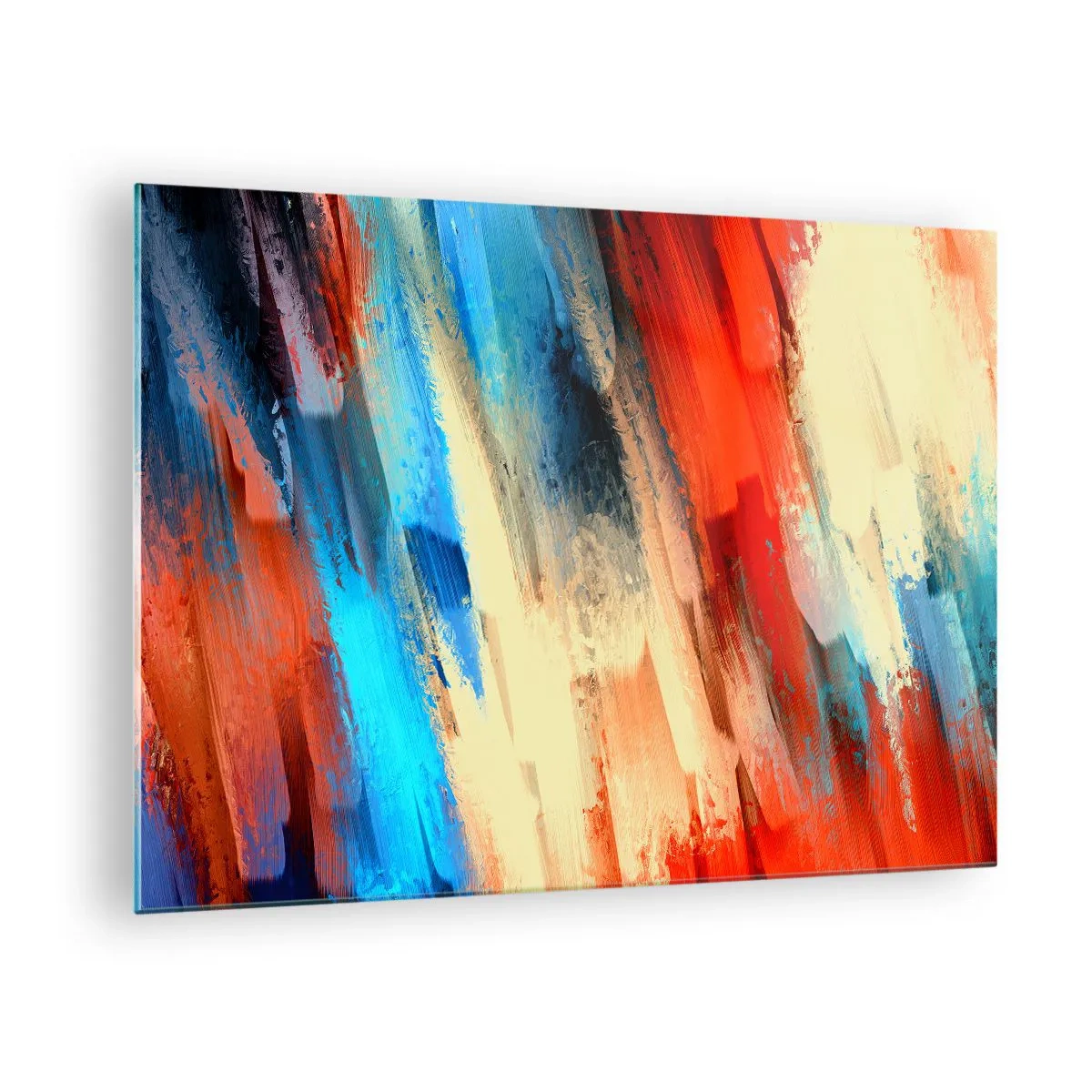 Glasbild - Bild auf glas - Abstrakte Pinselstriche in Blau-, Rot- und Beigetönen - 70x50cm - Eine Kaskade von Farben - Moderne Wanddekoration für Wohnzimmer und Schlafzimmer ARTTOR