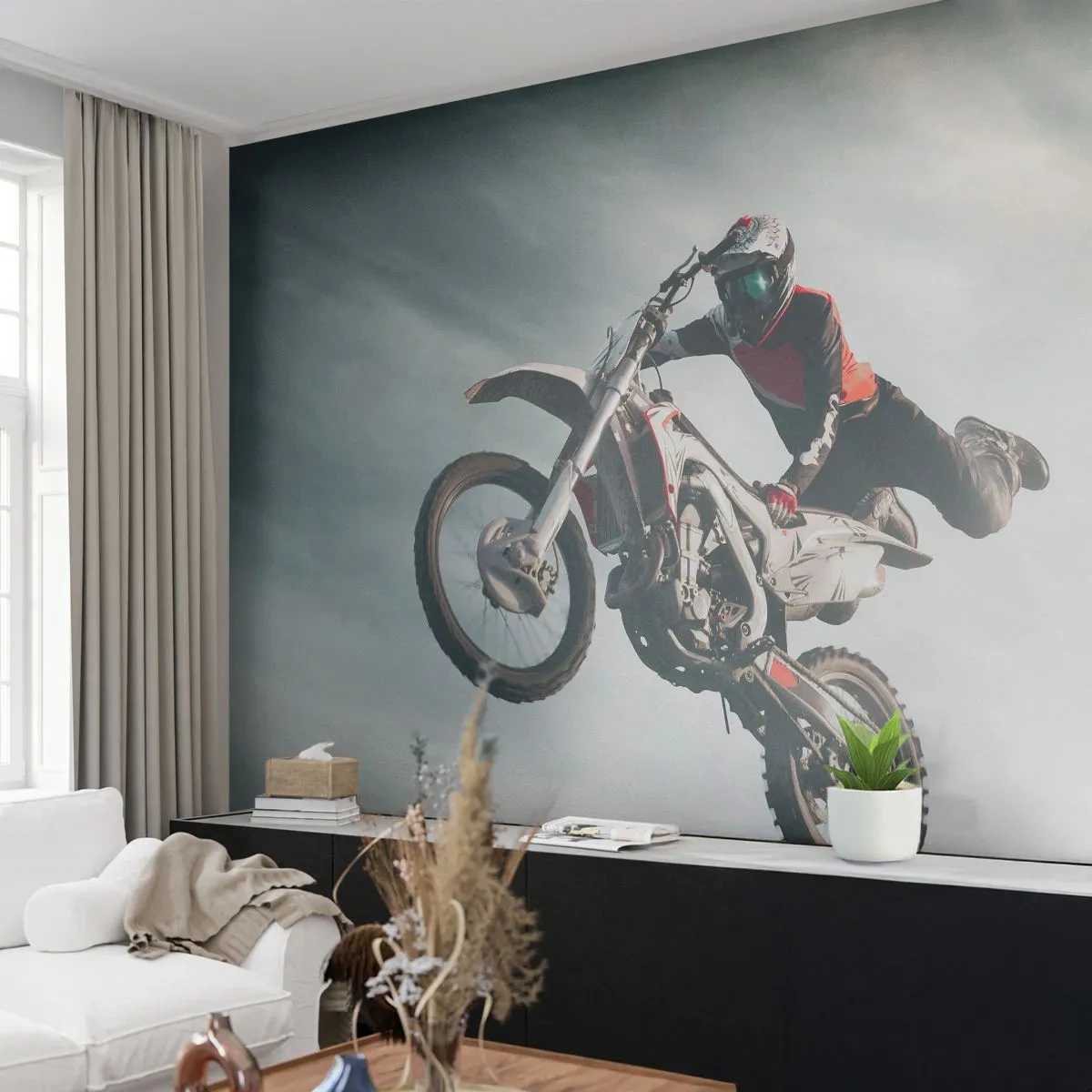 Fototapete Premium Sand - Motocross-Sprung über bergige Landschaft - 100x70cm - Kein Spaß ohne Risiko - Moderne Wanddekoration für Wohnzimmer und Schlafzimmer ARTTOR