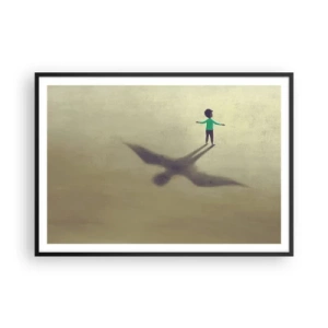 Poster in einem schwarzem Rahmen - Eine symbolische Figur eines Kindes mit dem Schatten eines Vogels vor einem Hintergrund in warmen Farbtönen. - 100x70cm - Der Held der Zukunft - Moderne Wanddekoration für Wohnzimmer und Schlafzimmer ARTTOR